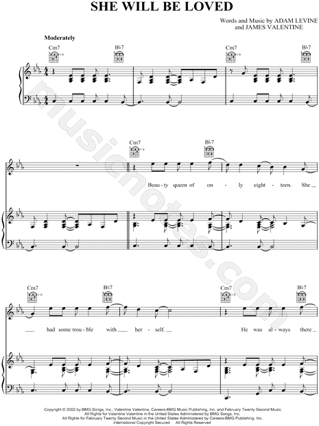 Maroon 5 She Will Be Loved Sheet Music In C Minor Transposable Download Print Sku Mn0047632
