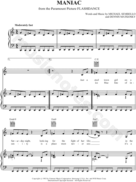 internacional un acreedor legumbres Michael Sembello "Maniac" Sheet Music in C Major (transposable) - Download  & Print - SKU: MN0047902