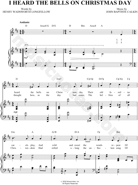 John Baptiste Calkin "I Heard the Bells on Christmas Day" Sheet Music in D Major (transposable ...