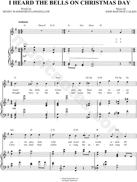John Baptiste Calkin "I Heard the Bells on Christmas Day" Sheet Music in G Major (transposable ...