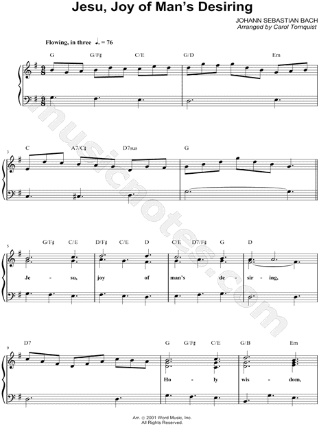 Johann Sebastian Bach Jesu Joy Of Man S Desiring Sheet Music Easy Piano In G Major Transposable Download Print Sku Mn0051260