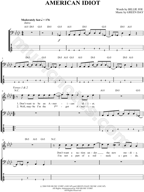 Print and download Green Day American Idiot Bass TAB. 