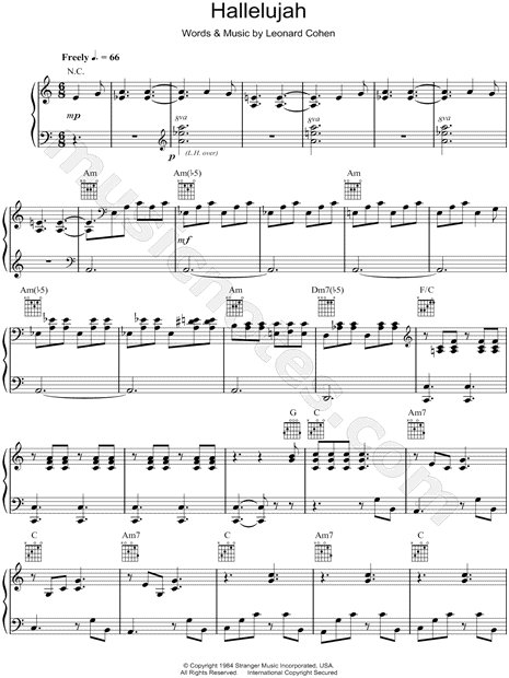 Jeff Buckley "Hallelujah" Sheet Music in C Major (transposable