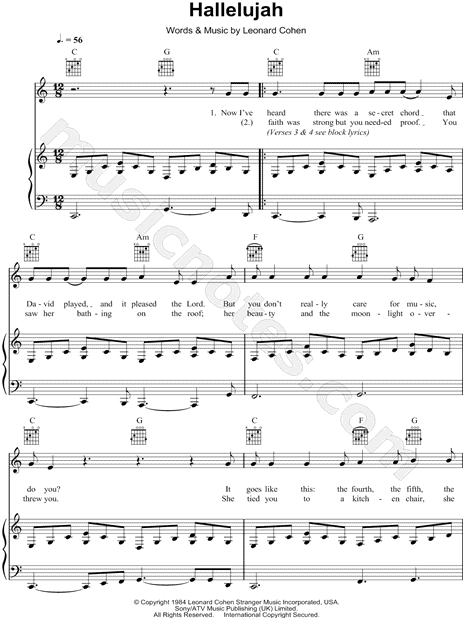 Leonard Cohen Hallelujah Sheet Music In C Major Transposable Download Print Sku Mn