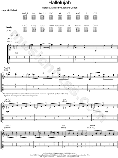 Jeff Buckley "Hallelujah" Guitar Tab in C Major - Download & Print