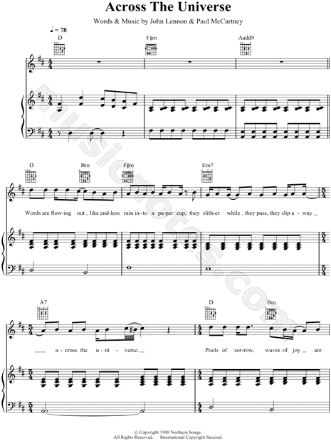 The Beatles "Across the Universe" Sheet Music in D Major (transposable) - & - SKU: MN0053548