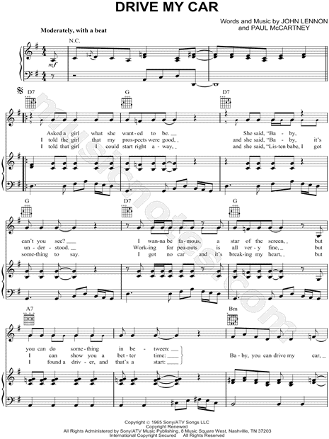 E minorem c7c7 baby you can drive my car e minorem c7c7 yes i'm gonna be a star e minorem a7a7 baby you can drive my car c majorc g+g c majorc d majord and baby i love you. Drive My Car Chords - The Beatles "Drive My Car" Sheet Music in G Major ...