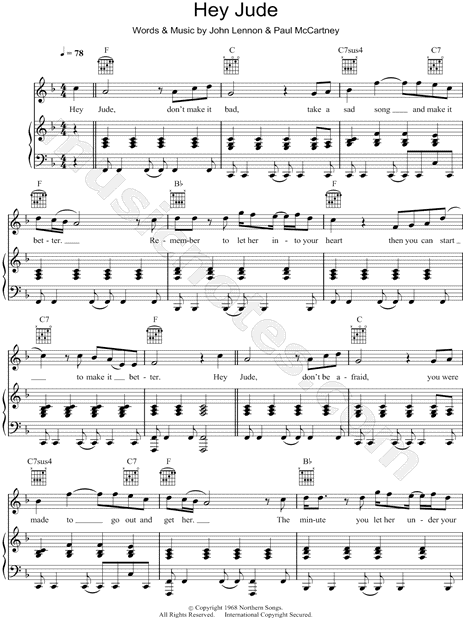Destino cada Acercarse The Beatles "Hey Jude" Sheet Music in F Major (transposable) - Download &  Print - SKU: MN0053749