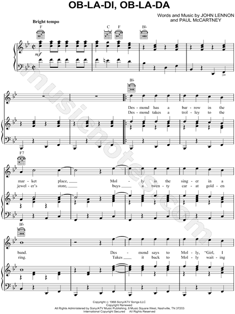 The Beatles Ob La Di Ob La Da Sheet Music In Major Transposable Download Print Sku Mn