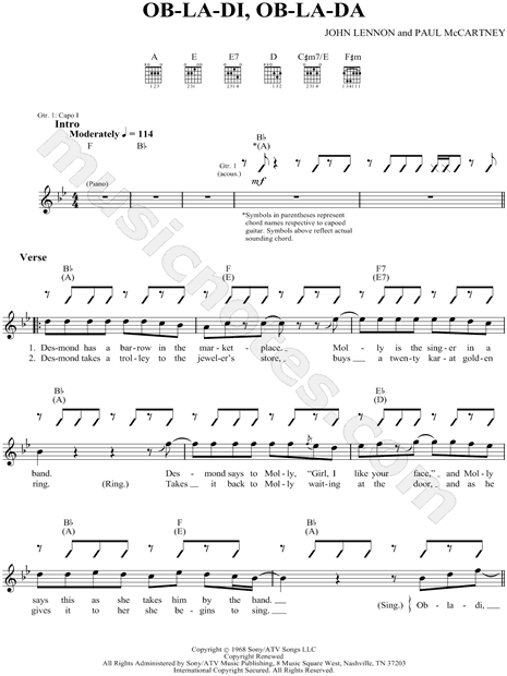 The Beatles Ob La Di Ob La Da Guitar Tab In C Major Download Print Sku Mn