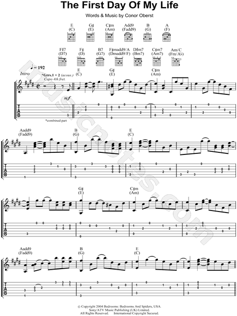 Bright Eyes The First Day Of My Life Guitar Tab In E Major Download Print Sku Mn