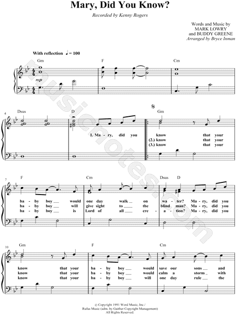 Kenny Rogers "Mary, Did You Know?" Sheet Music in G Minor (transposable) - Download & Print ...