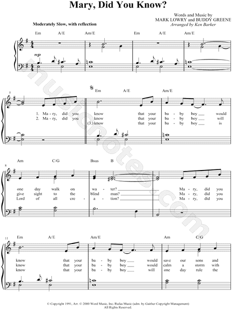 Mark Lowry "Mary, Did You Know?" Sheet Music (Easy Piano) in E Minor (transposable) - Download ...