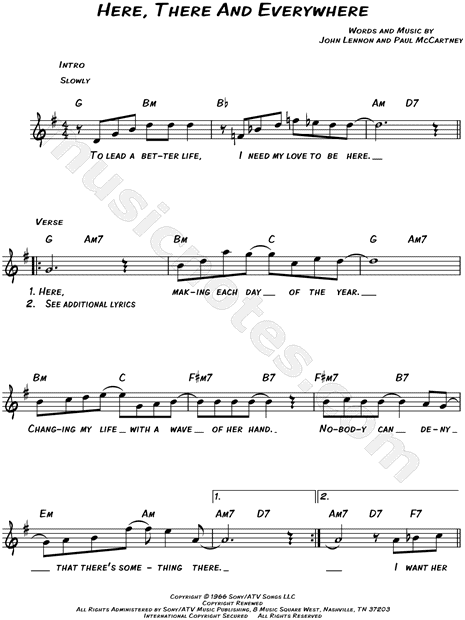 The Beatles Here There And Everywhere Sheet Music Leadsheet In G Major Transposable Download Print Sku Mn