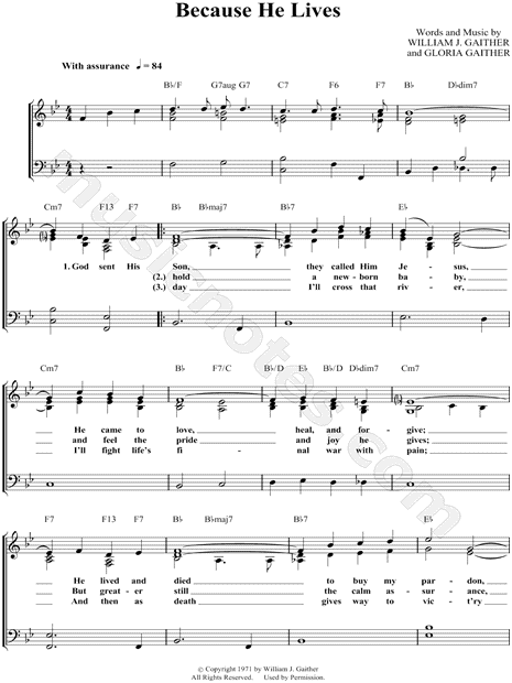 William J. Gaither "Because He Lives" Sheet Music (Easy Piano) in Bb