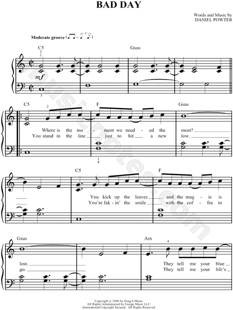 Daniel Powter Bad Day Sheet Music Easy Piano In C Major Transposable Download Print Sku Mn