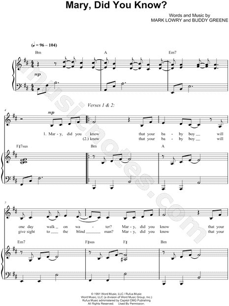 Kathy Mattea "Mary, Did You Know?" Sheet Music in B Minor (transposable) - Download & Print ...