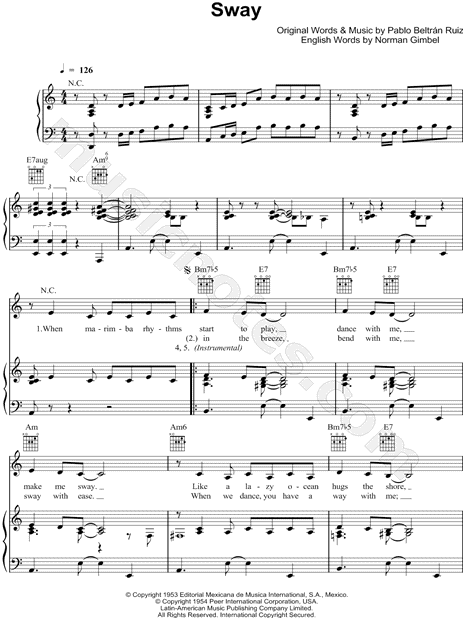 The Pussycat Dolls Sway Quien Sera Sheet Music In A Minor Transposable Download Print Sku Mn0056189