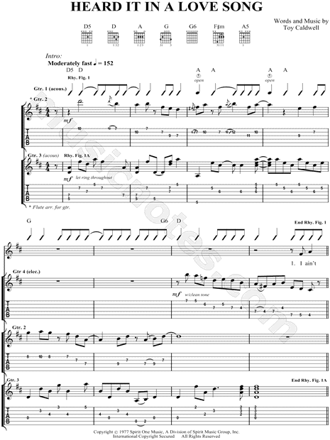 The Marshall Tucker Band Heard It In A Love Song Guitar Tab In D Major Download Print Sku Mn