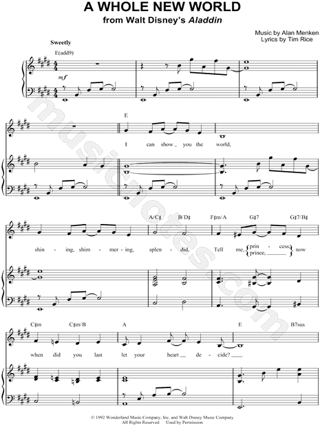 A Whole New World From Aladdin Sheet Music In E Major Transposable Download Print Sku Mn