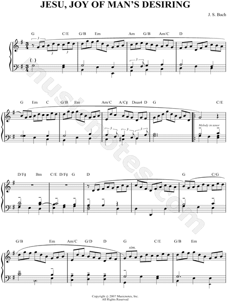 Johann Sebastian Bach Jesu Joy Of Man S Desiring Sheet Music Piano Solo In G Major Transposable Download Print Sku Mn