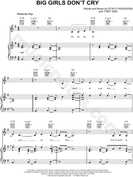 Fergie Big Girls Don T Cry Sheet Music In G Major Transposable Download Print Sku Mn