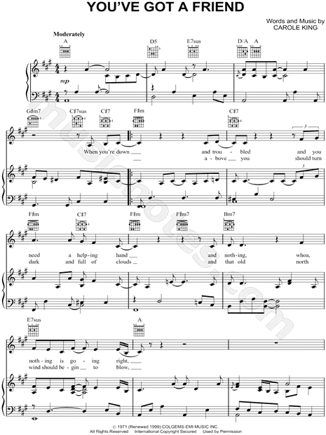 Carole King You Ve Got A Friend Sheet Music In A Major Transposable Download Print Sku Mn