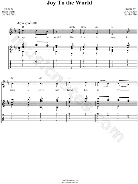 George Frederick Handel "Joy to the World" Guitar Tab in D ...