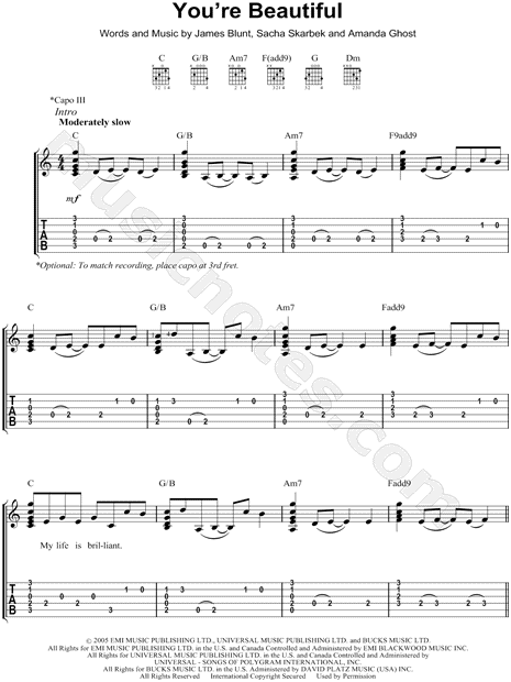 James Blunt You Re Beautiful Guitar Tab In C Major Download Print Sku Mn
