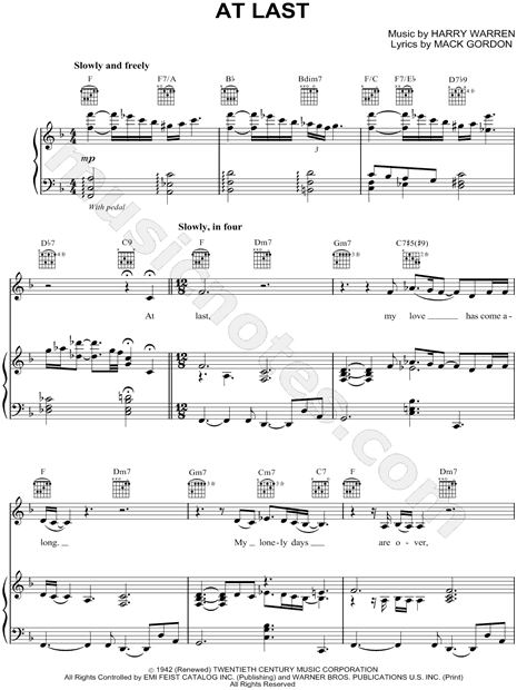 Eliminar meditación Depresión Etta James "At Last" Sheet Music in F Major (transposable) - Download &  Print - SKU: MN0059678