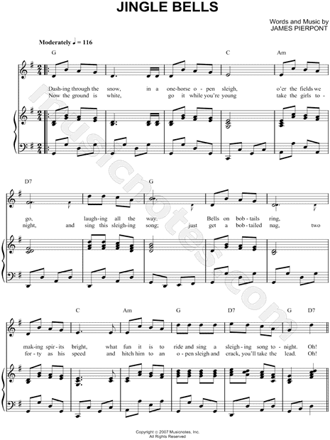 James Pierpont Jingle Bells Sheet Music In G Major Transposable Download Print Sku Mn