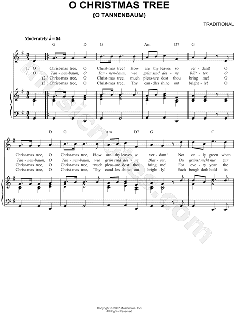 Traditional O Christmas Tree Sheet Music In G Major Transposable Download Print Sku Mn0060261