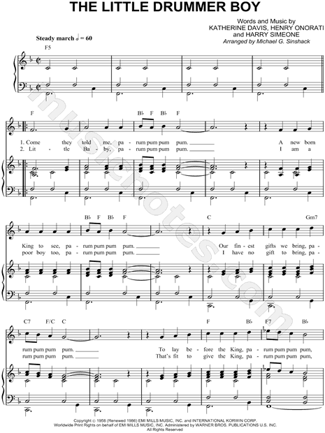 Harry Simeone The Little Drummer Boy Sheet Music In F Major Transposable Download Print Sku Mn0060410