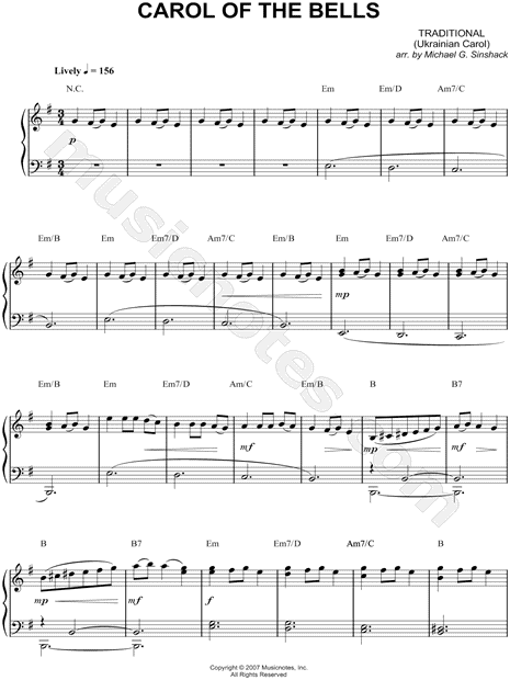 Traditional "Carol of the Bells" Sheet Music (Easy Piano) (Piano Solo) in E Minor (transposable ...