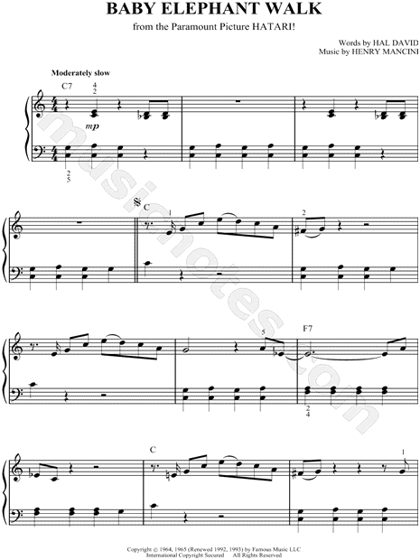 Baby Elephant Walk From Hatari Sheet Music Easy Piano Piano Solo In C Major Download Print Sku Mn