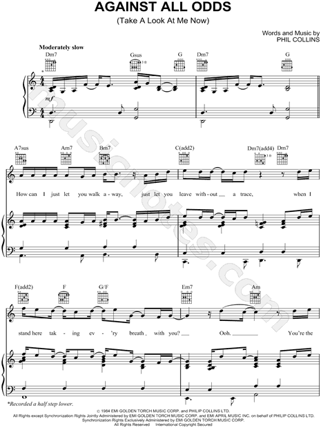 Phil Collins Against All Odds Take A Look At Me Now Sheet Music In A Minor Transposable Download Print Sku Mn0063666