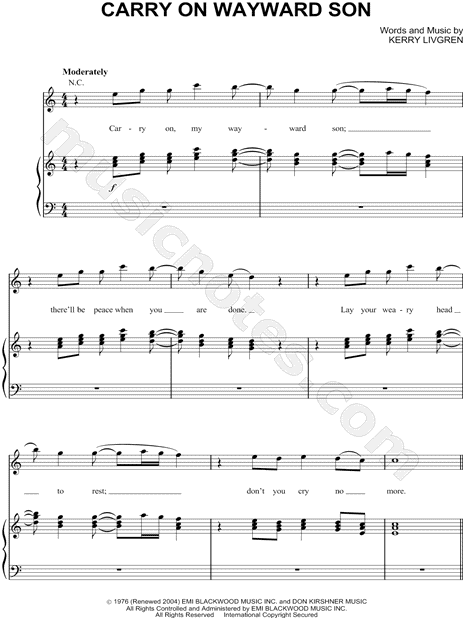 Kansas Carry On Wayward Son Sheet Music In A Minor Transposable Download Print Sku Mn