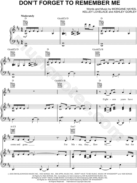 Carrie Underwood Don T Forget To Remember Me Sheet Music In D Major Transposable Download Print Sku Mn