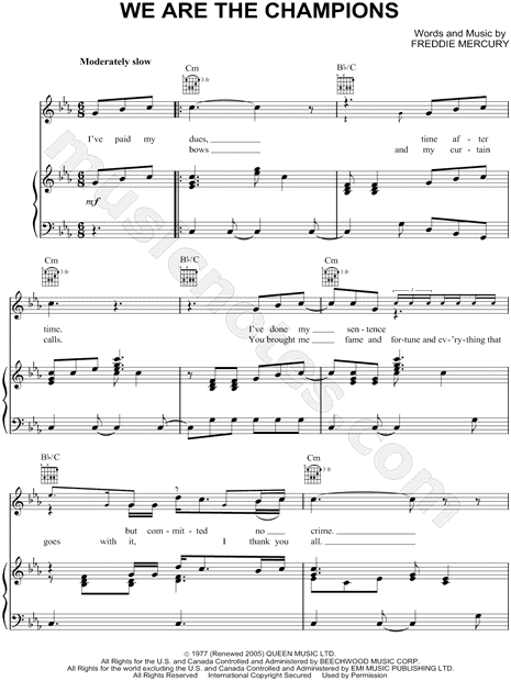 Queen "We Are the Champions" Sheet in C Minor (transposable) - Download & Print - SKU: MN0063752