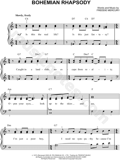 Gimnasta Mar lavar Queen "Bohemian Rhapsody" Sheet Music (Easy Piano) in C Major  (transposable) - Download & Print - SKU: MN0064172