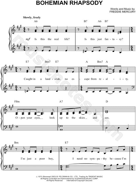 Queen "Bohemian Rhapsody" Sheet Music (Easy Piano) in A ...