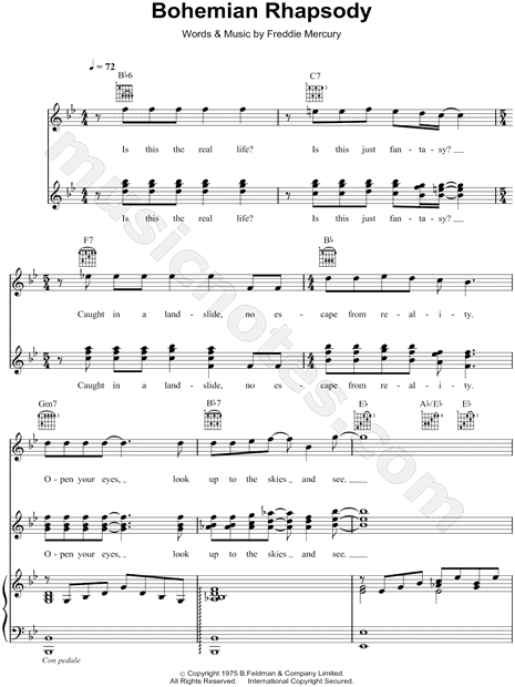 Queen "Bohemian Rhapsody" Sheet Music in Bb Major ...