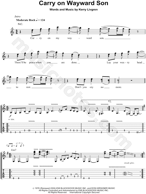 Kansas Carry On Wayward Son Guitar Tab In A Minor Download Print Sku Mn