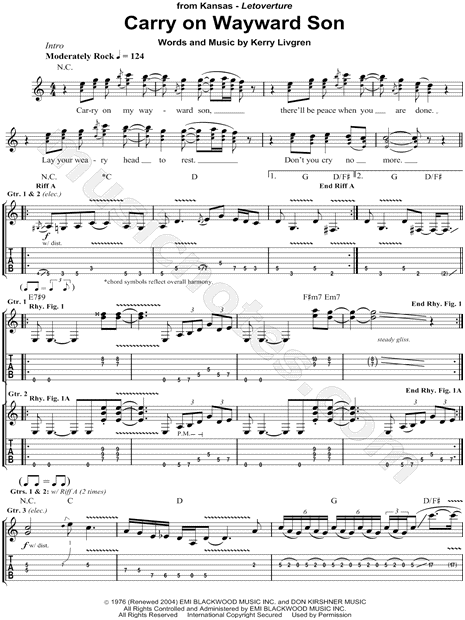 Kansas Carry On Wayward Son Guitar Tab In A Minor Download Print Sku Mn