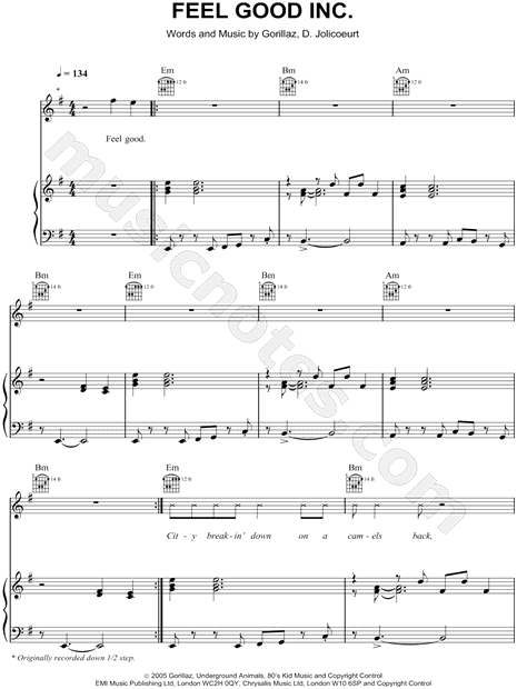 Gorillaz Feat De La Soul Feel Good Inc Sheet Music In E Minor Transposable Download Print Sku Mn