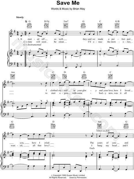 Queen "Save Sheet Music in G Major (transposable) - Download Print - SKU: MN0065566