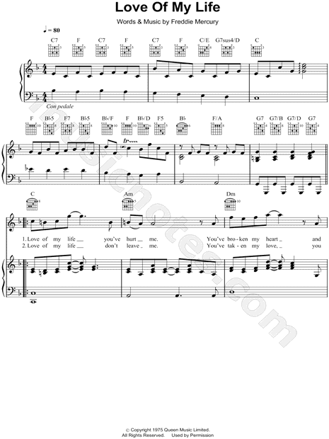 Queen Love Of My Life Sheet Music In F Major Transposable