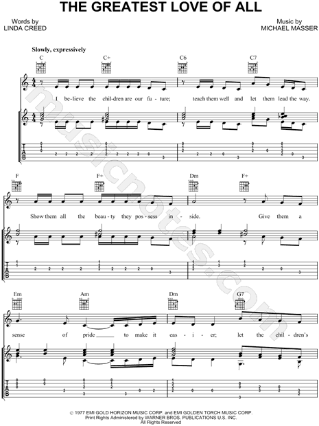 Whitney Houston "The Greatest Love of All" Guitar Tab in C Major - Download & Print - SKU: MN0065801