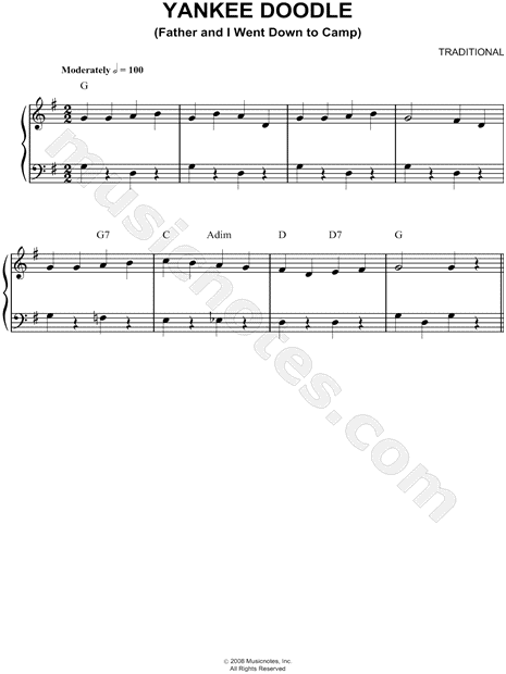 Traditional Yankee Doodle Sheet Music Easy Piano Piano Solo In G Major Download Print Sku Mn