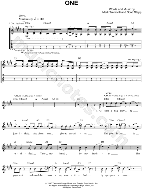 Print and download Creed One Guitar Recorded Versions (with TAB). 